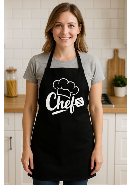 Su Geçirmez Mutfak Önlüğü, Şık ve Kullanışlı Siyah Renkli Chef Tasarımı