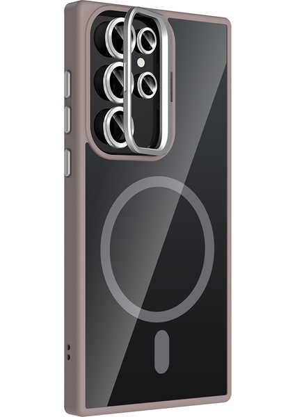 Galaxy S22 Ultra Kılıf Standlı ve Kamera Lens Hediyeli M-Safe Şarj Özellikli Arth Etro Kapak - Derin