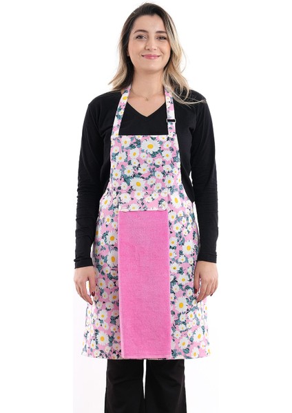 Pembe Ayar Askılı Sıvı Geçirmez Mutfak Önlüğü ve Havlu Seti