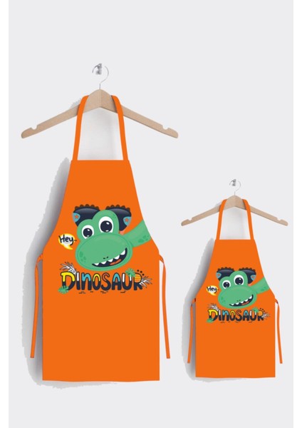 Turuncu Dinazor Anne ve Çocuk Mutfak Önlükleri, Şık ve Eğlenceli Set