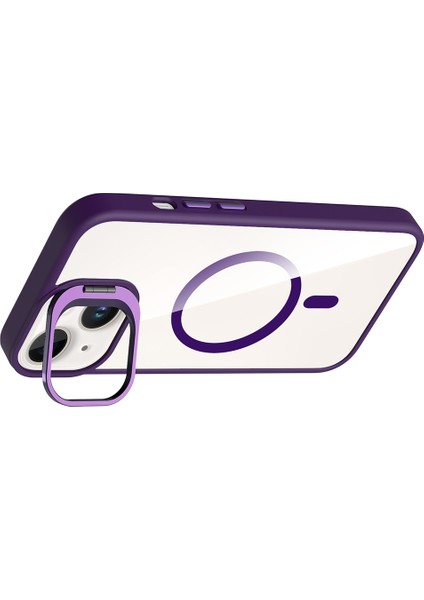 iPhone 14 Kılıf Standlı ve Kamera Lens Hediyeli M-Safe Şarj Özellikli Arth Etro Kapak - Gri