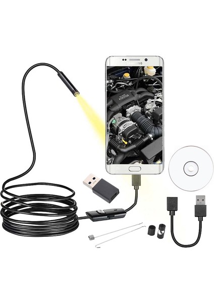 3ın1 Mıcro Usb+Type-C+Usb A) Androıd Uyumlu 8 mm Işıklı 5 Metre Endoskop Yılan Kamera