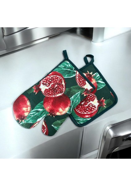 Nar Desenli Premium Fırın Eldiveni, 2 Parça, Yeşil, Şık ve Kullanışlı Hediye Seçeneği