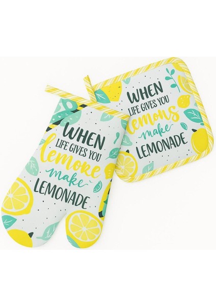 Canlı Sarı Limon Desenli Fırın Eldiveni ve Tutacak Seti, 2 Parça, Şık Mutfak Hediye