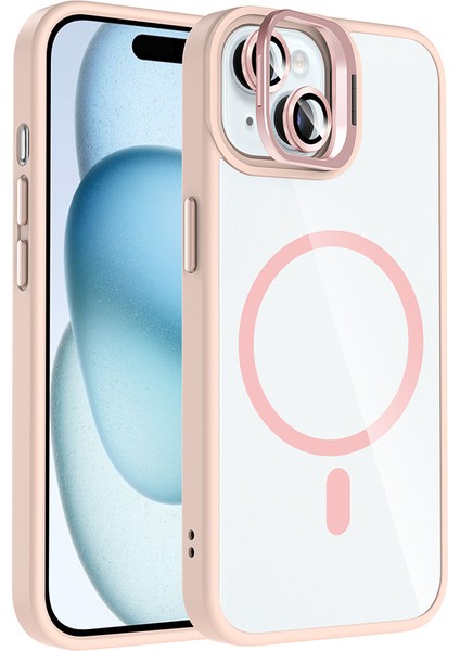 iPhone 15 Kılıf Standlı ve Kamera Lens Hediyeli M-Safe Şarj Özellikli Arth Etro Kapak - Pembe