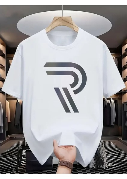 Unisex R Baskılı Oversize %100 Pamuk T-Shirt