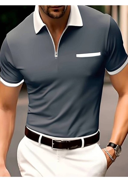 Unisex Büyük Beden Gri Fermuarlı Kısa Kol %100 Pamuk Golf T-Shirt