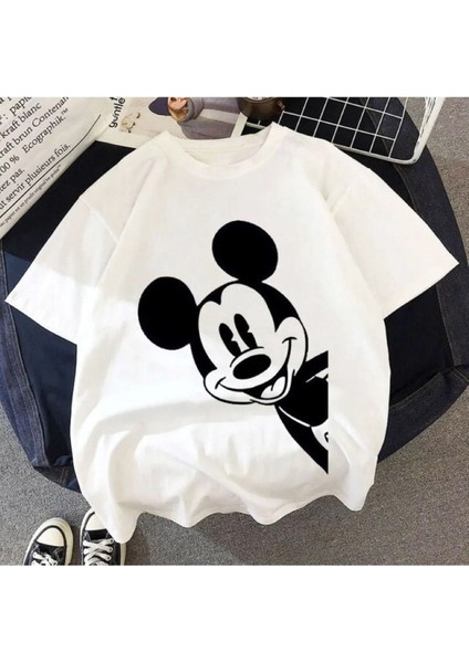 Güler Yüz Mickey Baskılı Beyaz Oversize T-Shirt