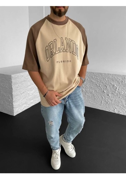 Büyük Beden Orlando Florida Baskılı Reglan Kol Bej Oversize T-Shirt