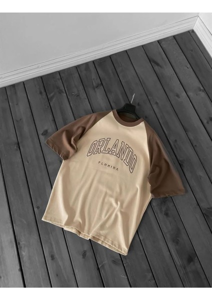 Büyük Beden Orlando Florida Baskılı Reglan Kol Bej Oversize T-Shirt fiyatları