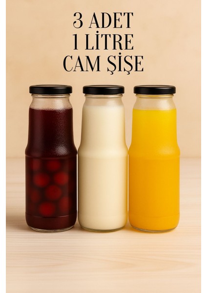 3 Adet 1 Litre Şeffaf Sürahi Süt, Ayran, Su, Limonata, Meşrubat Şişesi Metal Siyah Kapaklı Cam Şişe