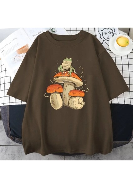 Büyük Beden Kurbağa Mantar Baskılı Bisiklet Yaka Oversize T-Shirt