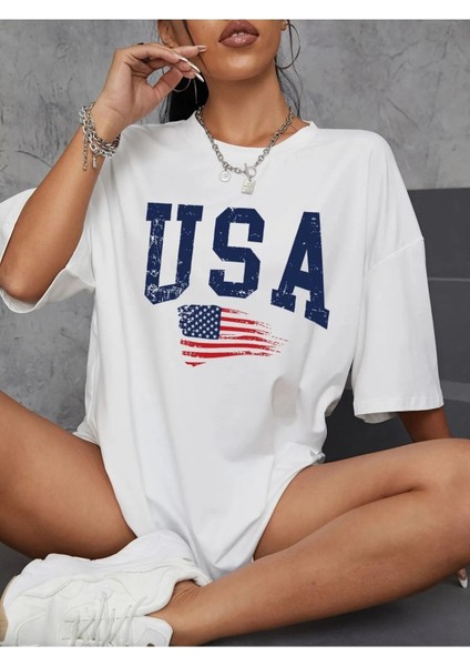 Usa Flag Baskılı Unisex Oversize Tişört