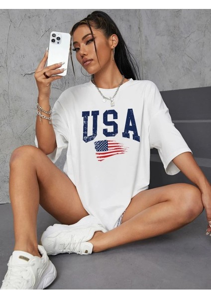 Usa Flag Baskılı Unisex Oversize Tişört modelleri