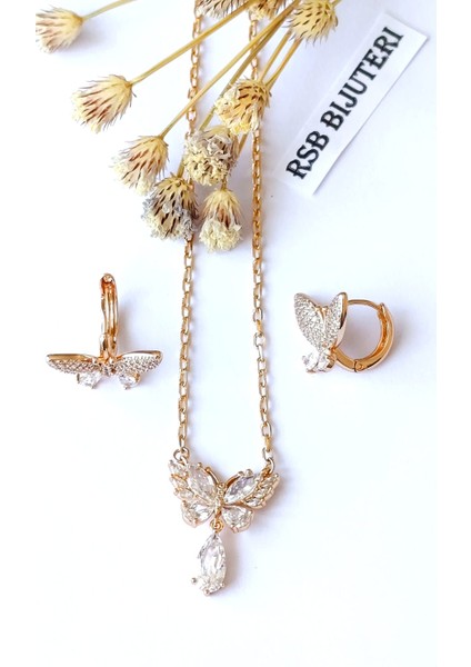 Küpe ve Zincirli Kolye Xupıngg Zirkon Taş Altın Kaplama 316 L Çelik 2'li Set + Hediye Paket fiyatları