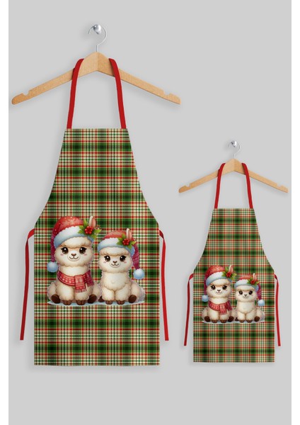 Yeşil Lama Desenli Anne Çocuk Mutfak Önlüğü Seti