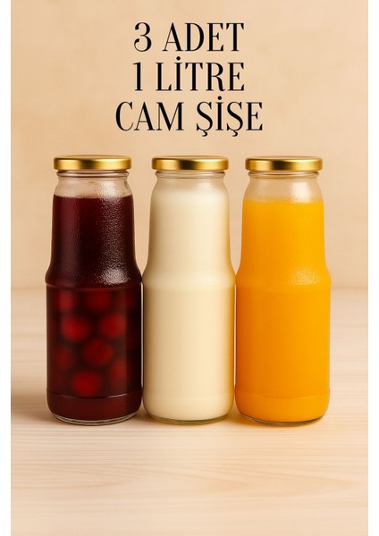 3 Adet 1 Litre Şeffaf Sürahi Süt, Ayran, Su, Limonata, Meşrubat Şişesi Metal Gold Kapaklı Cam Şişe