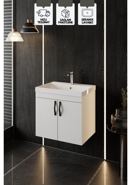 Ege 60 Cm, Lavabolu Alt Banyo Dolabı, Kapaklı Banyo Alt Dolabı, Seramik Lavabo Dahil