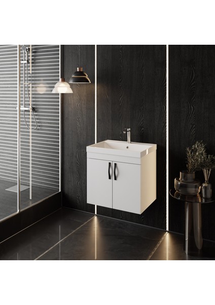 Ege 60 Cm, Lavabolu Alt Banyo Dolabı, Kapaklı Banyo Alt Dolabı, Seramik Lavabo Dahil fiyatları