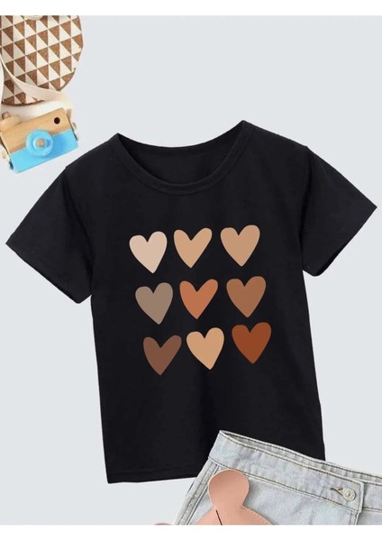 Çok Kalp Baskılı Baskılı Pamuklu Oversize Çocuk T-Shirt
