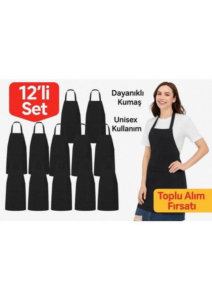 12'li Siyah Unisex Mutfak Önlüğü, Geniş Cepli ve Makine Yıkanabilir