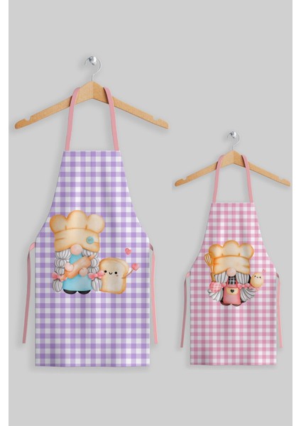 Mor Pötikareli Anne ve Çocuk Mutfak Önlüğü Seti, Şık ve Kullanışlı Çiftli Tasarım