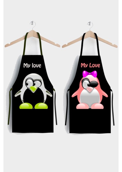Sevimli Penguen Desenli Ikili Mutfak Önlüğü Seti, Siyah Renk