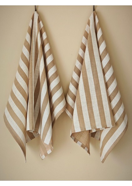 Kahverengi Çizgili Pamuk Keten Mutfak Bezi (2 Adet)