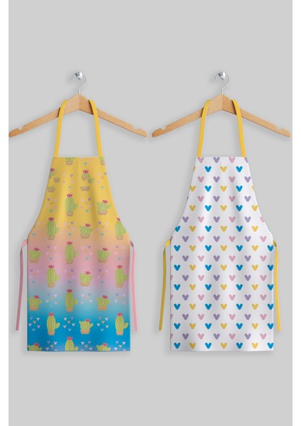 Renkli Kaktüs Desenli 2'li Mutfak Önlüğü Seti