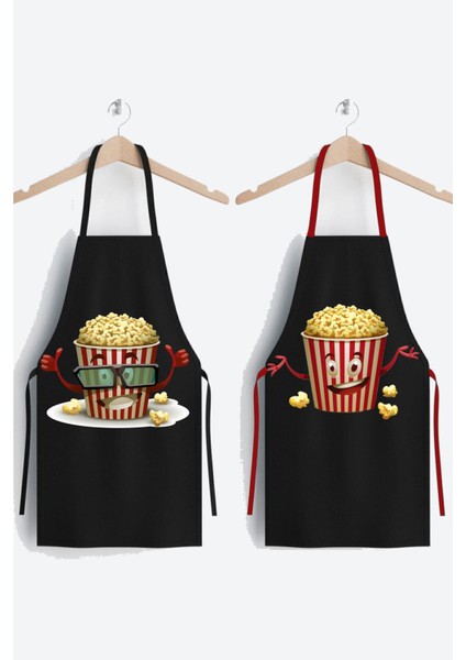 2'li Pop Corn Desenli Siyah Mutfak Önlüğü Seti, Şık ve Kullanışlı Mutfak Aksesuarı