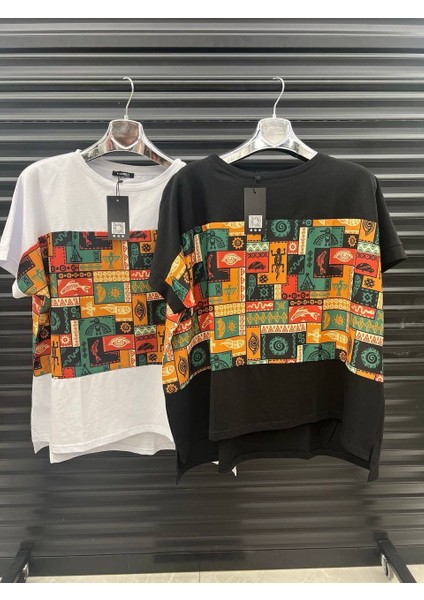 Renkli Desenli Oversize Tişört – Beyaz & Siyah Seçenekli