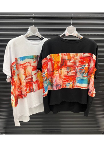 Renkli Desenli Oversize Tişört – Beyaz & Siyah Seçenekli