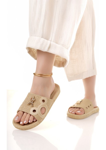 Kadın Terlik Bej Kaydırmaz Su Geçirmez Şık Ev Dışarı Plaj Yazlık Günlük Terlik