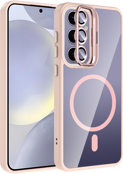 Samsung Galaxy S24 Fe Kılıf Kamera Korumalı Magsafe Şeffaf Renkli Kenar Standlı + Lens Koruyucu