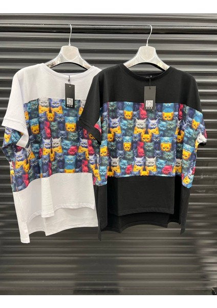 Renkli Desenli Oversize Tişört – Beyaz & Siyah Seçenekli