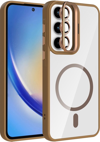 Samsung Galaxy A35 Kılıf Kamera Korumalı Magsafe Şeffaf Renkli Kenar Standlı + Lens Koruyucu