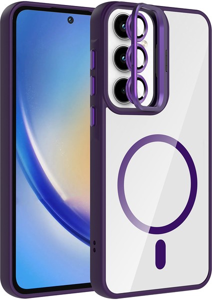 Samsung Galaxy A16 Kılıf Kamera Korumalı Magsafe Şeffaf Renkli Kenar Standlı + Lens Koruyucu