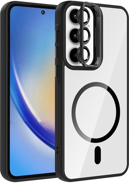 Samsung Galaxy A06 Kılıf Kamera Korumalı Magsafe Şeffaf Renkli Kenar Standlı + Lens Koruyucu