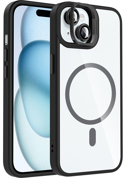 Iphone 15 Kılıf Kamera Korumalı Magsafe Şeffaf Renkli Kenar Standlı + Lens Koruyucu