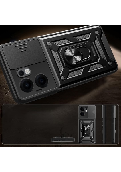 Oppo Reno 13F 5g Kılıf Kamera Korumalı Sürgülü Yüzüklü Armor Zırhlı Mıknatıslı Standlı Kapak