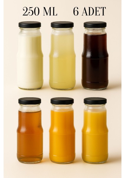 6 Adet 250 ml Şeffaf Sürahi Süt, Ayran, Su, Limonata, Meşrubat Şişesi Metal Kapaklı Cam Şişe