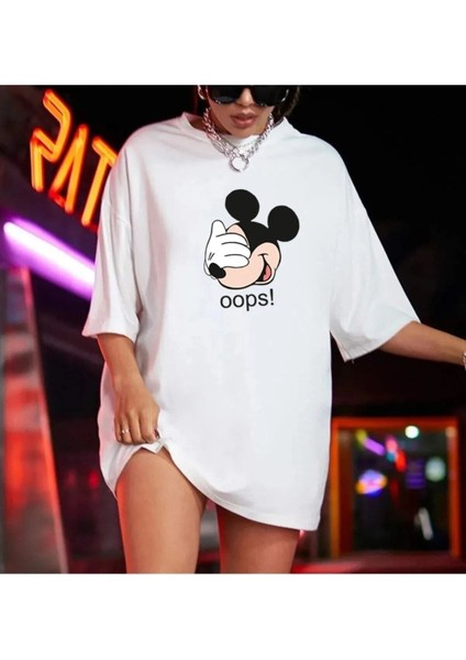 Mickey Baskılı Beyaz Oversize Unisex T-Shirt