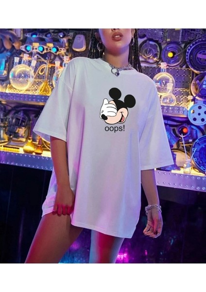 Mickey Baskılı Beyaz Oversize Unisex T-Shirt fırsatları