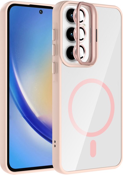 Samsung Galaxy A35 Kılıf Kamera Korumalı Magsafe Şeffaf Renkli Kenar Standlı + Lens Koruyucu