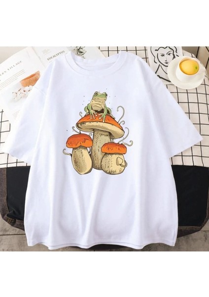 Kurbağa Mantar Baskılı Bisiklet Yaka Oversize T-Shirt