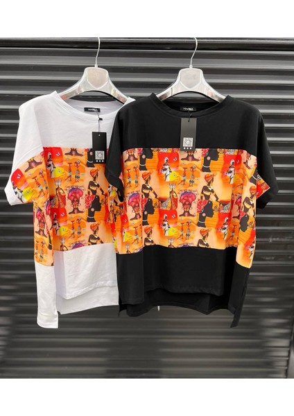 Renkli Desenli Oversize Tişört – Beyaz & Siyah Seçenekli
