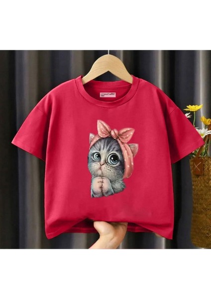 Kids Tatlı Fiyonklu Kedi Baskılı Oversize Çocuk T-Shirt