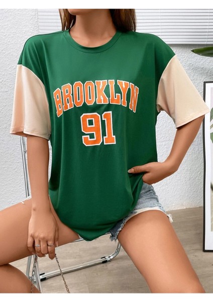 Unisex Yeşil Brooklyn 91 Baskılı Kollar Bej Oversize T-Shirt modelleri