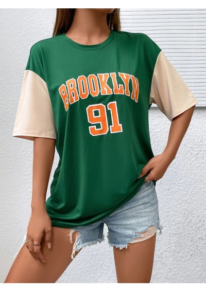 Unisex Yeşil Brooklyn 91 Baskılı Kollar Bej Oversize T-Shirt fırsatları