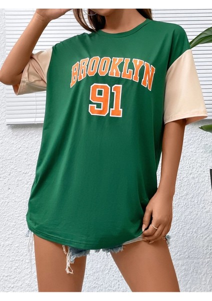 Unisex Yeşil Brooklyn 91 Baskılı Kollar Bej Oversize T-Shirt indirimleri